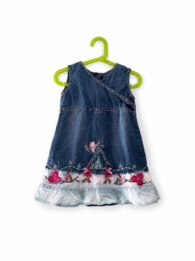 Monsoon Girls Blue Chambray Denim Dress with Embroidery